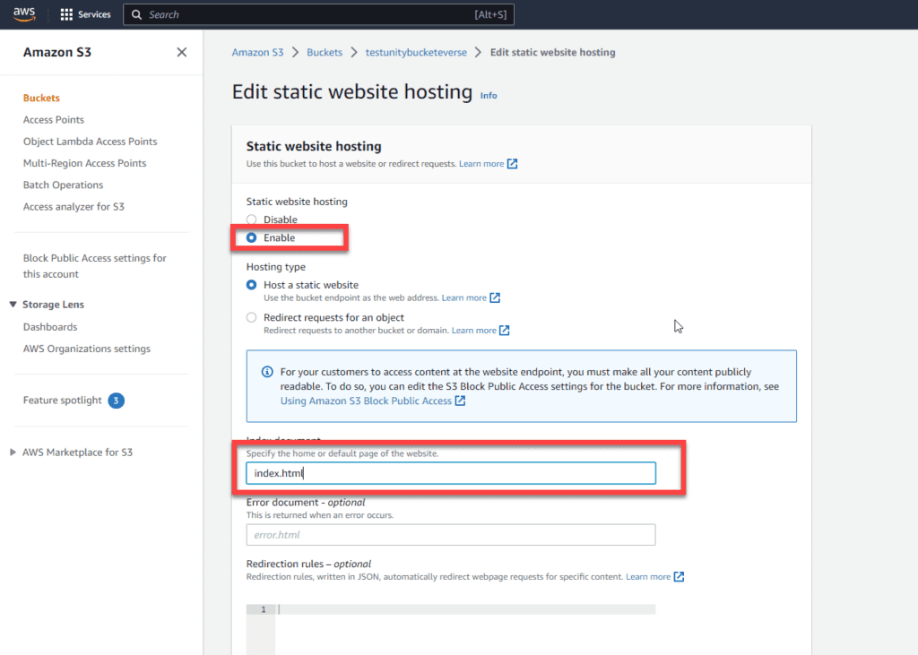 edit the static hosting and save