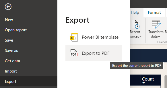 Report exporting menu in Power BI.