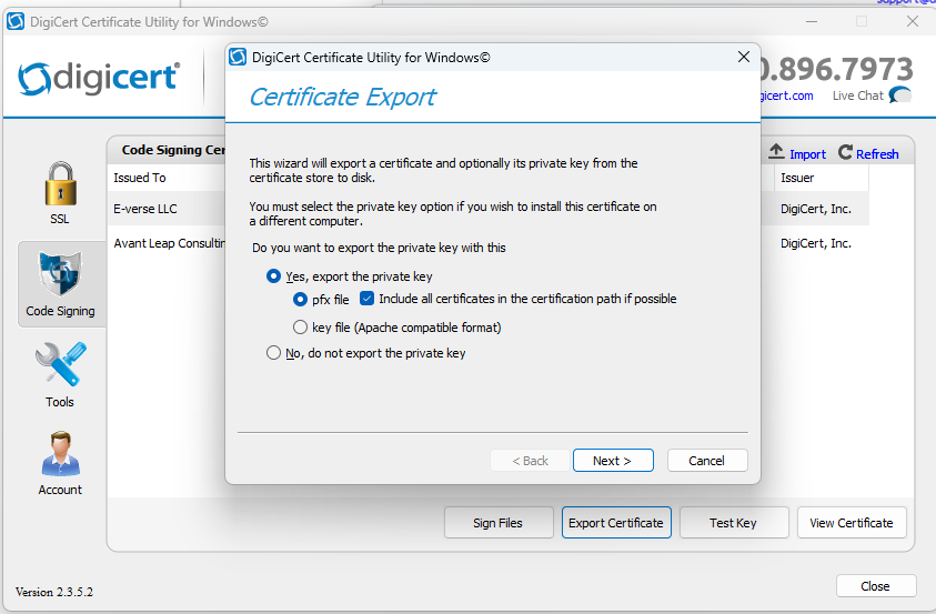 certificate export process.