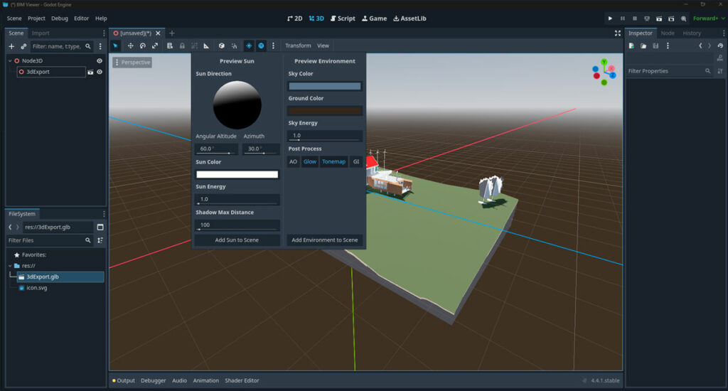 Godot scene with added Sun light and Environment node for illumination