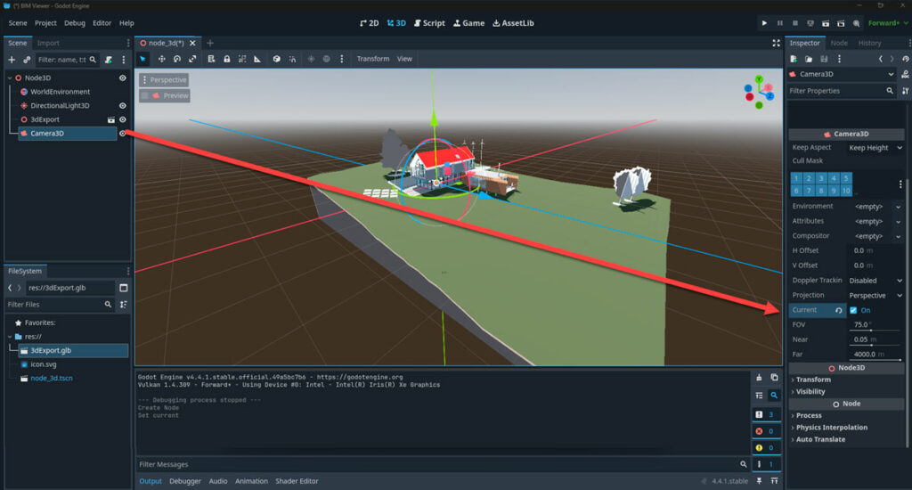 GDScript editor window with orbit, pan, and zoom script attached to Camera3D