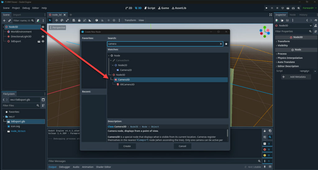 Inspector panel showing Camera3D settings and current checkbox enabled
