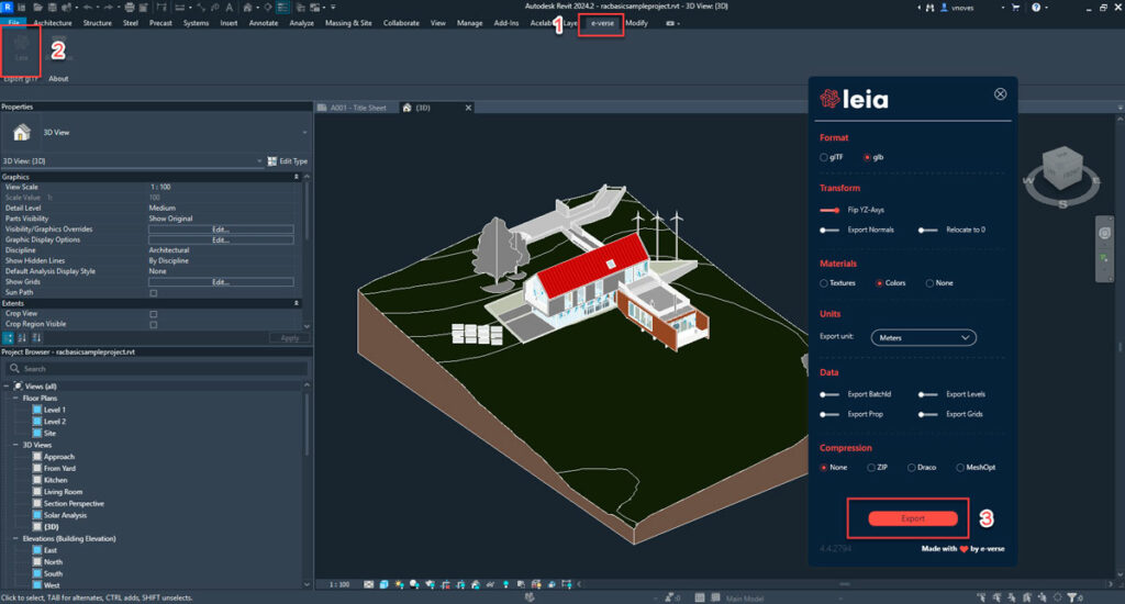 Revit model exported as glTF file in Leia plugin interface