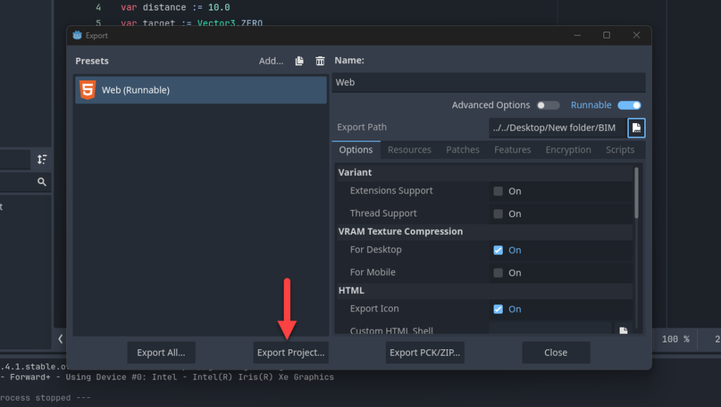 Godot Export dialog selecting HTML5 template for web deployment