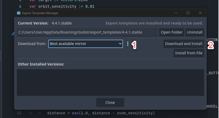 Godot Export dialog selecting HTML5 template for web deployment