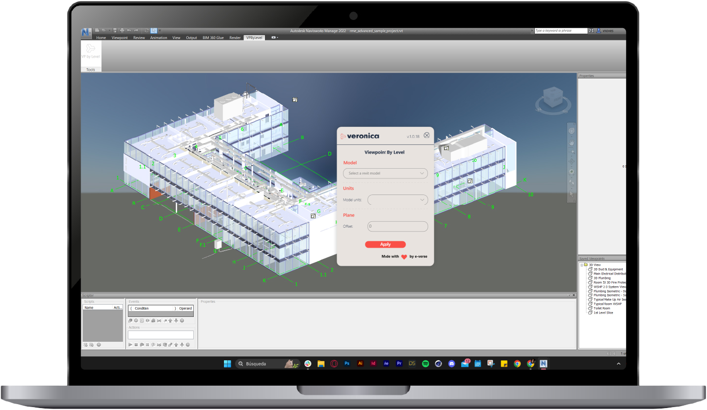 Laptop screen displaying the Veronica add-in panel for Navisworks
