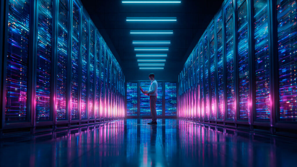 Engineers inspecting equipment inside sustainable Data centers