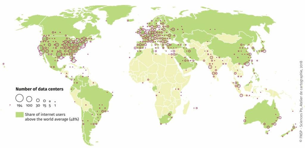Global map showing concentration of Data centers