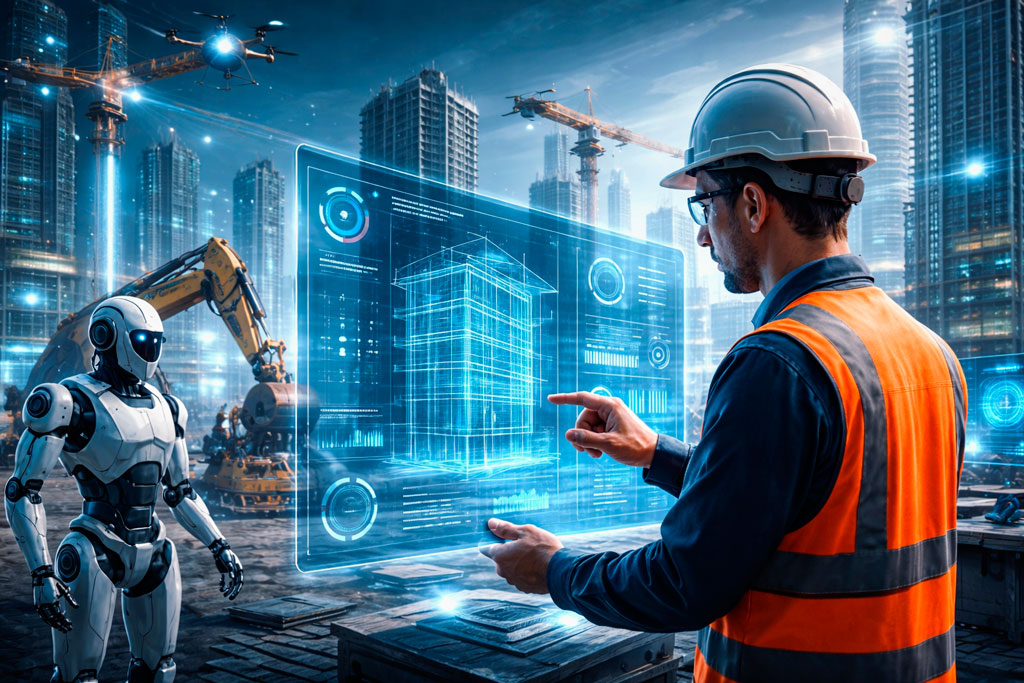 Construction engineer using a holographic AI interface to design a building on a futuristic site with robots and cranes