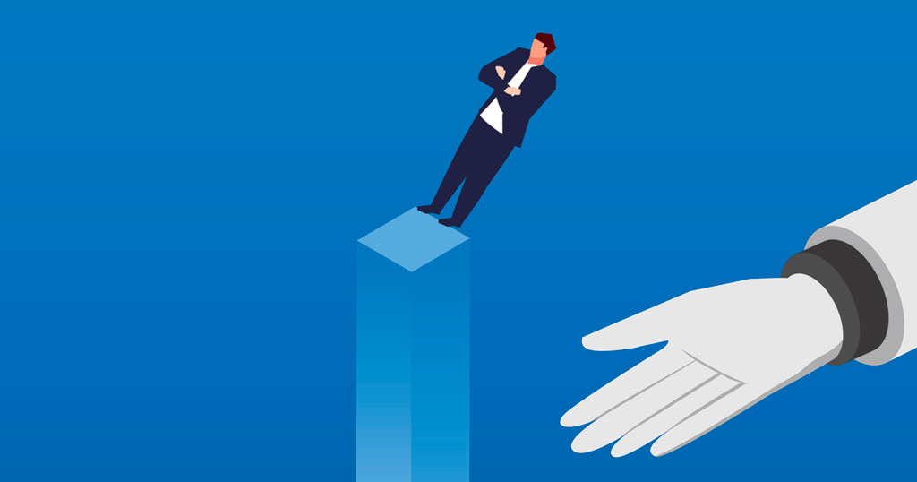 Illustration of a business professional standing on the edge of a tall pillar while a large outstretched hand offers support, symbolizing guidance, risk, or intervention in a business decision.