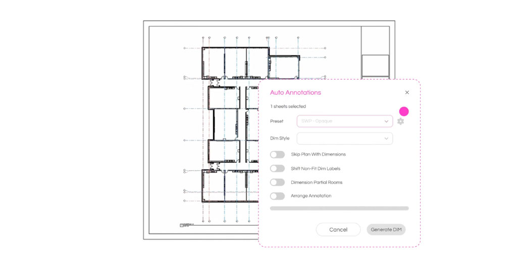 Floor plan view with an Auto Annotations dialog overlay, showing settings for dimension style, room dimensioning, label shifting, and annotation arrangement in an architectural drafting workflow.