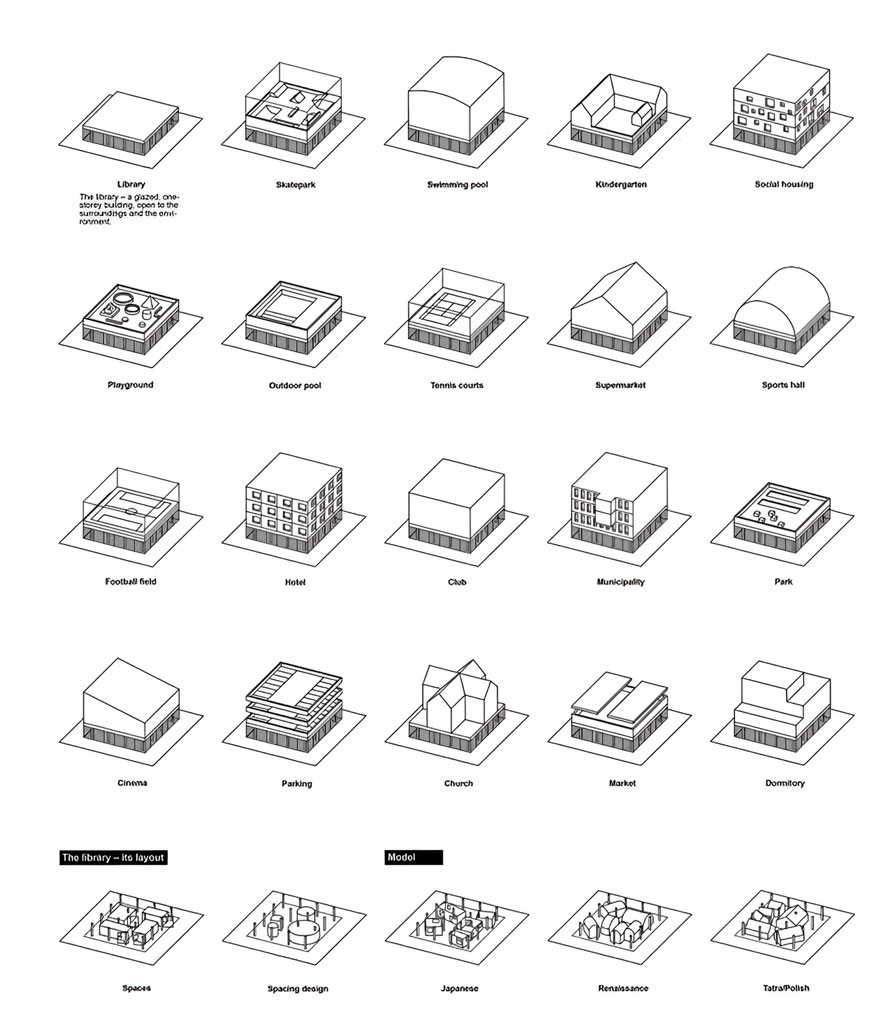 Grid of conceptual architectural massing diagrams showing multiple building typologies and layout models, including library, skatepark, swimming pool, kindergarten, social housing, sports hall, hotel, municipality, cinema, market, dormitory, and interior space configurations.