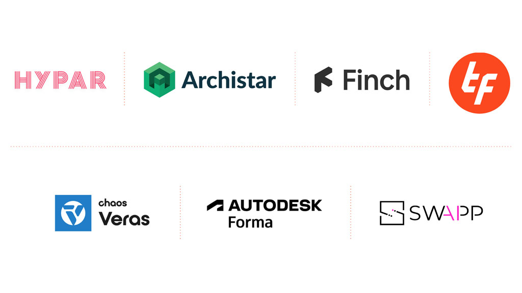 Logos of AEC and design technology companies displayed in a grid, including Hypar, Archistar, Finch, Chaos Veras, Autodesk Forma, and SWAPP.
