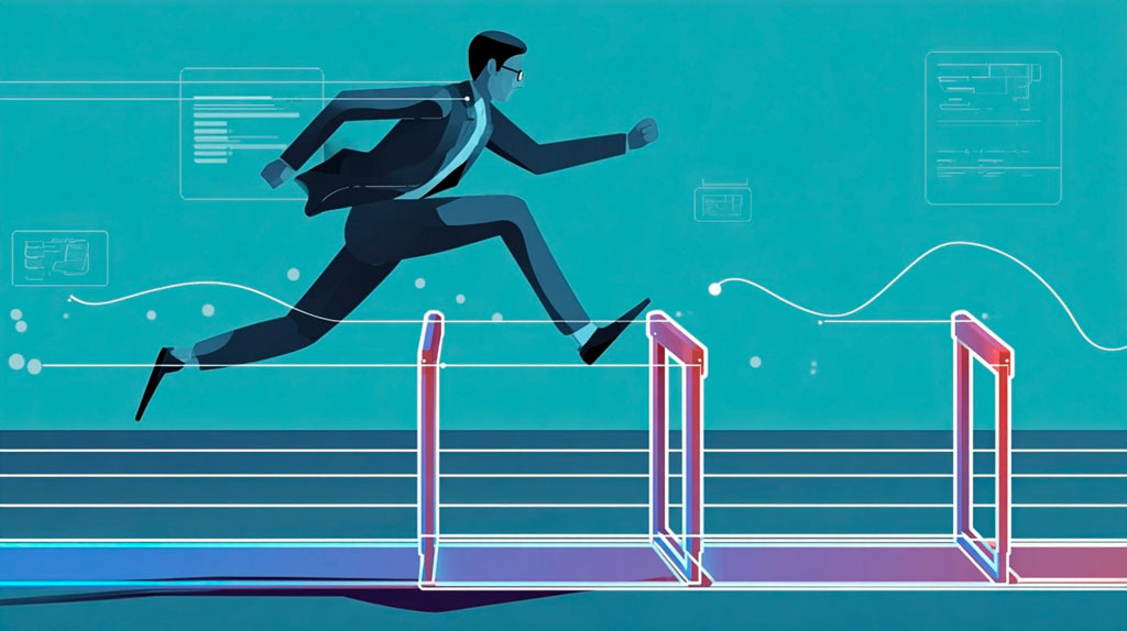 Conceptual illustration of a professional overcoming obstacles, representing continuous learning and adaptation in the AI-driven AEC industry