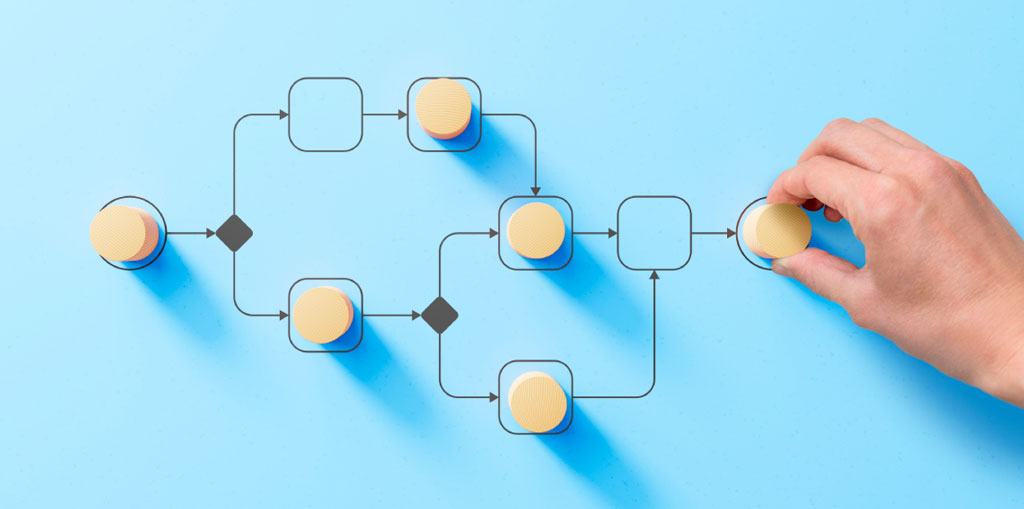Conceptual workflow diagram representing digital processes, data connections, and systems thinking in modern AEC education