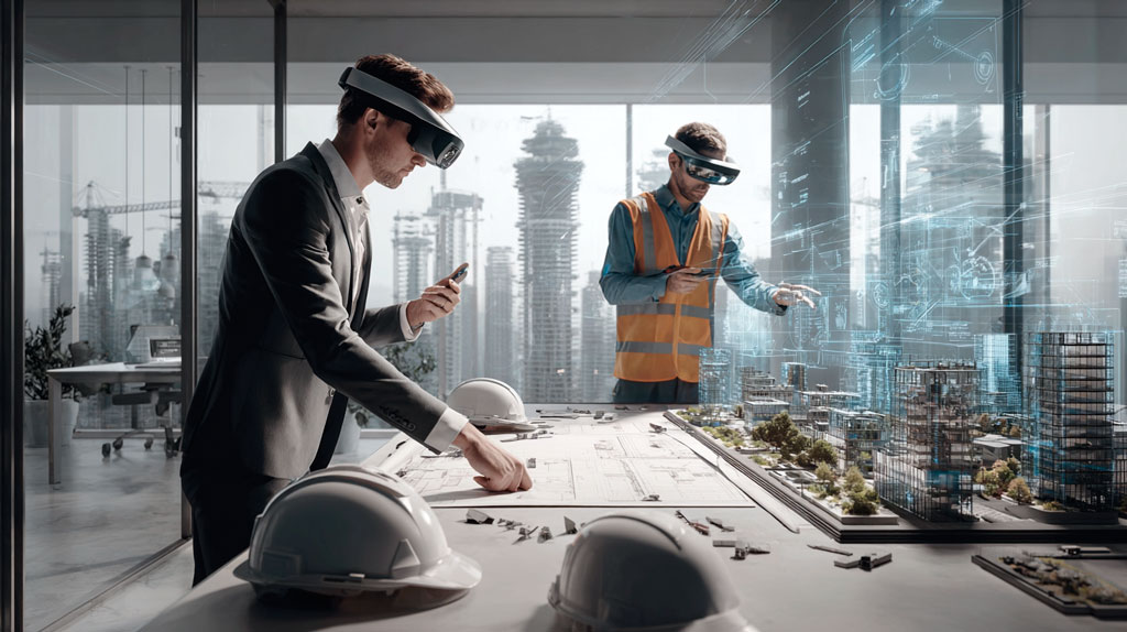 Engineers using AI-assisted visualization tools, digital plans, and holographic models to validate engineering workflows and building systems