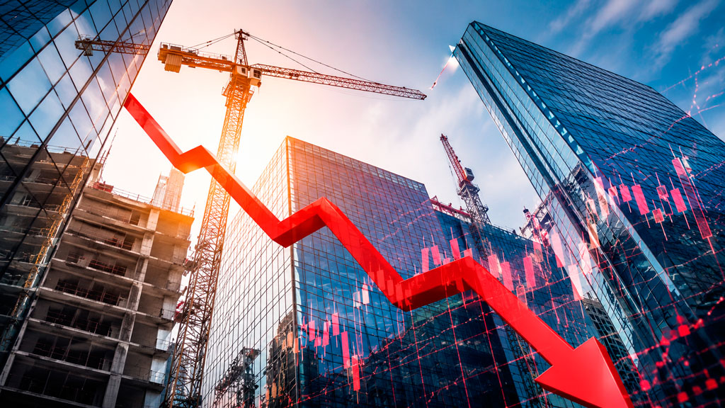 Modern office towers and construction cranes with a red downward stock market chart overlay, illustrating declining valuations and investor concerns across the architecture, engineering, and construction industry.