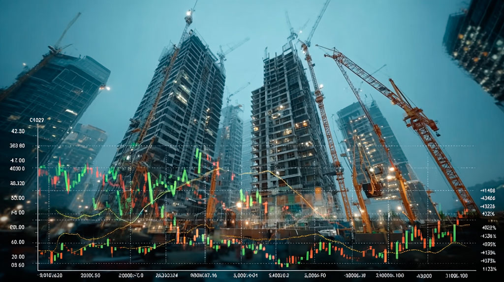 High-rise construction projects with stock market charts illustrating AEC industry valuations and market performance